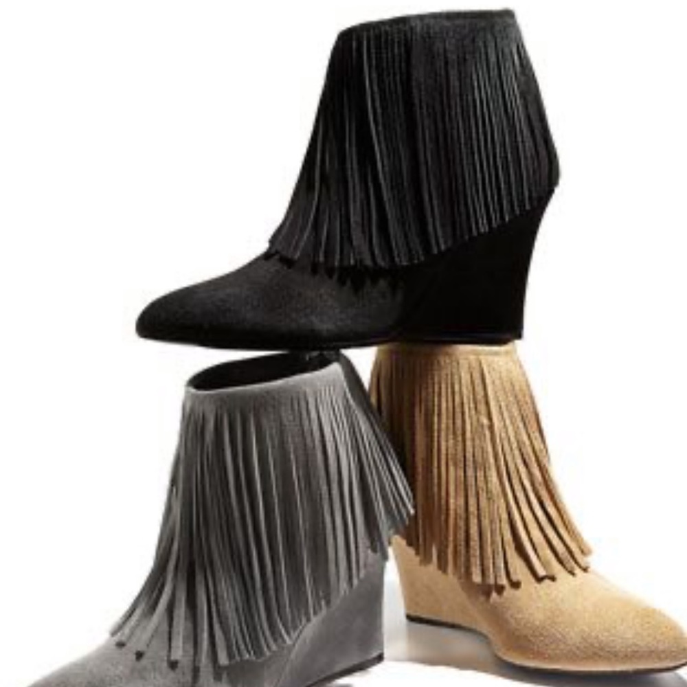 Fringe Suede Wedge Ankle Boots - Black